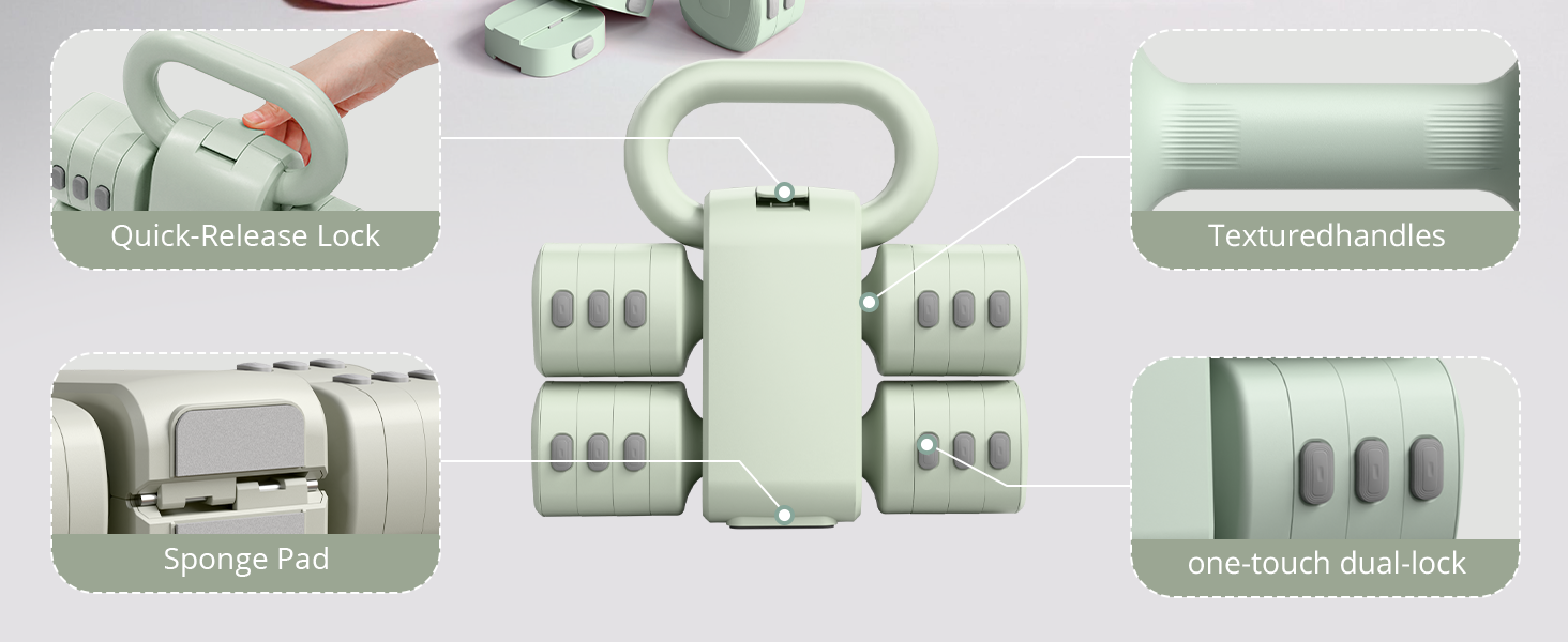 Набір гантелей 2-в-1: регульовані гантелі та м'ячики-гантелі, 4 ступені зміни ваги (1-2.5 кг), для жінок, домашні тренування, з антиковзаючим кріпленням. Зелений колір.