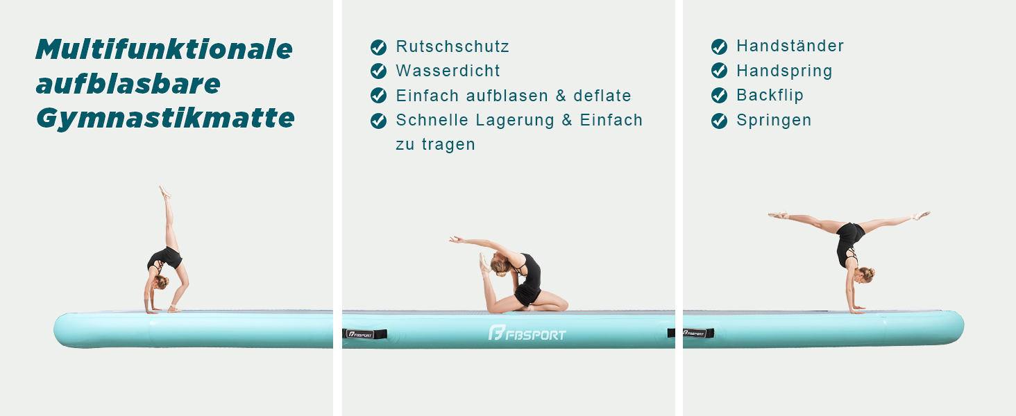 FBSPORT Airtrack Matte - килимок для гімнастики та йоги, розгортка, 10/20 см, з насосом та сумкою