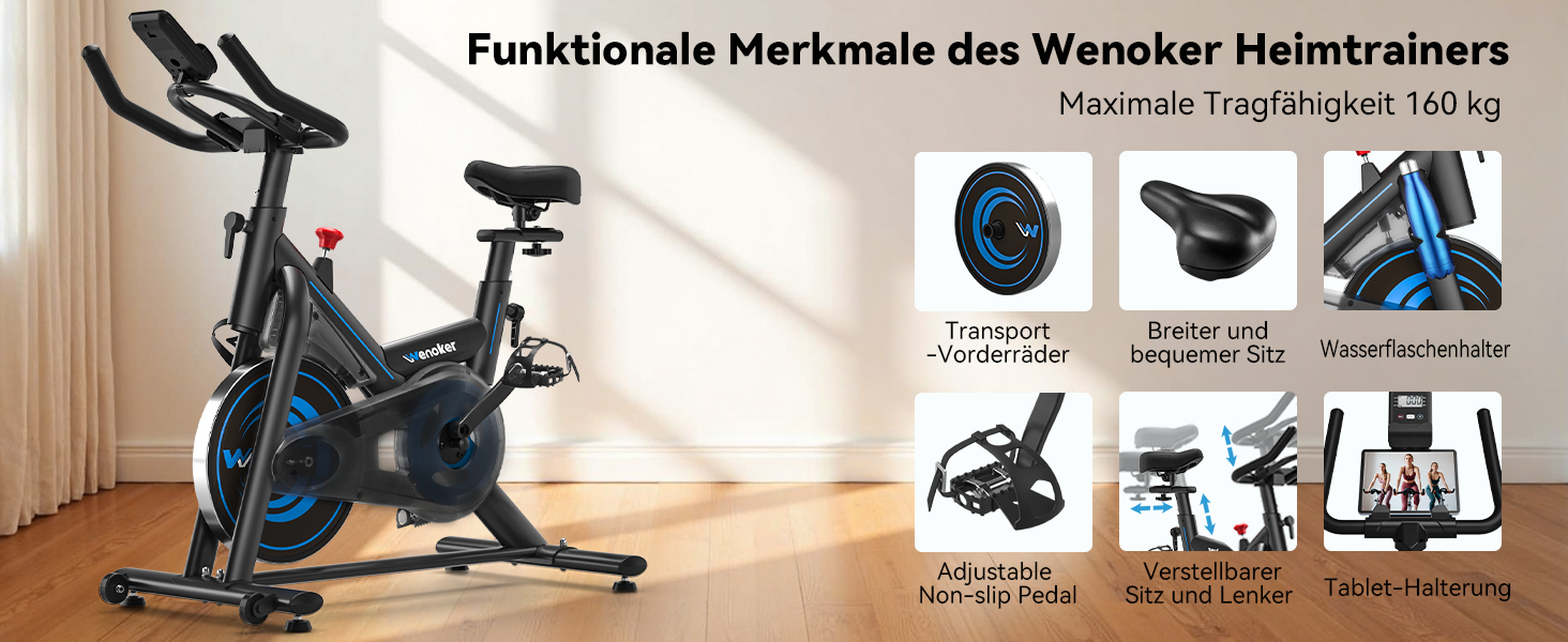 Велотренажер для дому з мобільним додатком, тихий велоергометр з магнітним опором, фітнес-велосипед для кардіотренувань, до 160 кг, блакитний