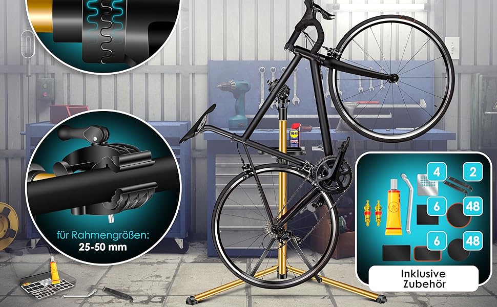 Підставка для велосипедів KESSER® Profi Alu: Ремонт, обслуговування, 360° обертання. Підходить для гірських, електровелосипедів та звичайних велосипедів. В комплекті сумка, набір для ремонту та магнітний органайзер для інструментів.