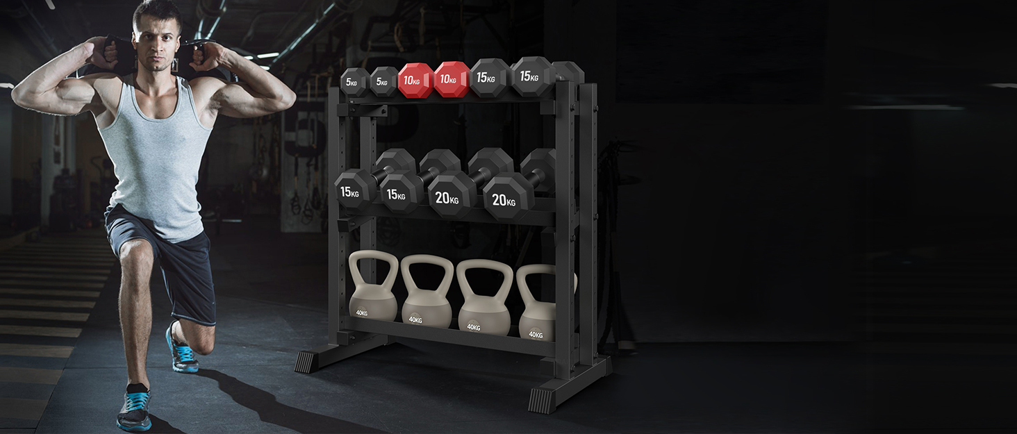 Стойка для гантелей з 3 рівнів, 500 кг, регульована, для дому, міцна, для штанги, гантелей та дисків (тільки стійка), чорна 3-ярусна DB-Rack