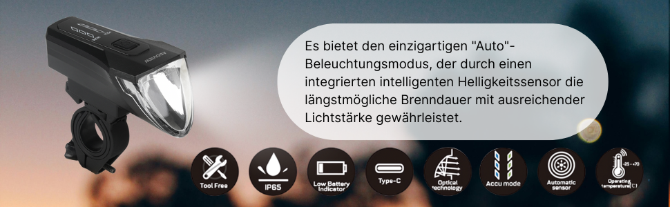 Велофара ADDVIEW Starlight – комплект фар із сертифікацією StVZO, 70 Lux LED, USB-C, акумулятор, IP65, 170м, авто-режим, датчик руху, велоосвітлення