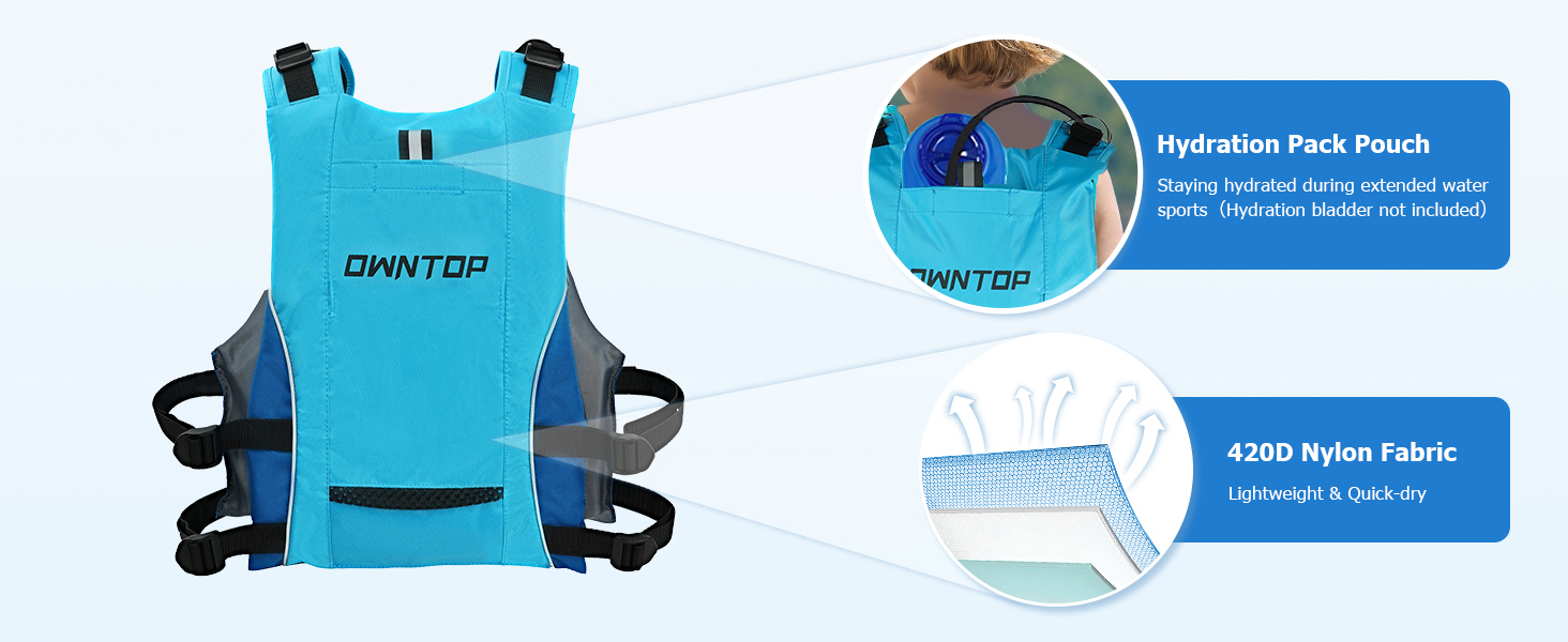 Рятувальний жилет Owntop для дорослих та юнаків з пискликом та рюкзаком для води, сітчастими кишенями, регульований, легкий, унісекс, для SUP, каякінгу, риболовлі, всіх водних видів спорту, рожевий, XS/S (40-60 кг)