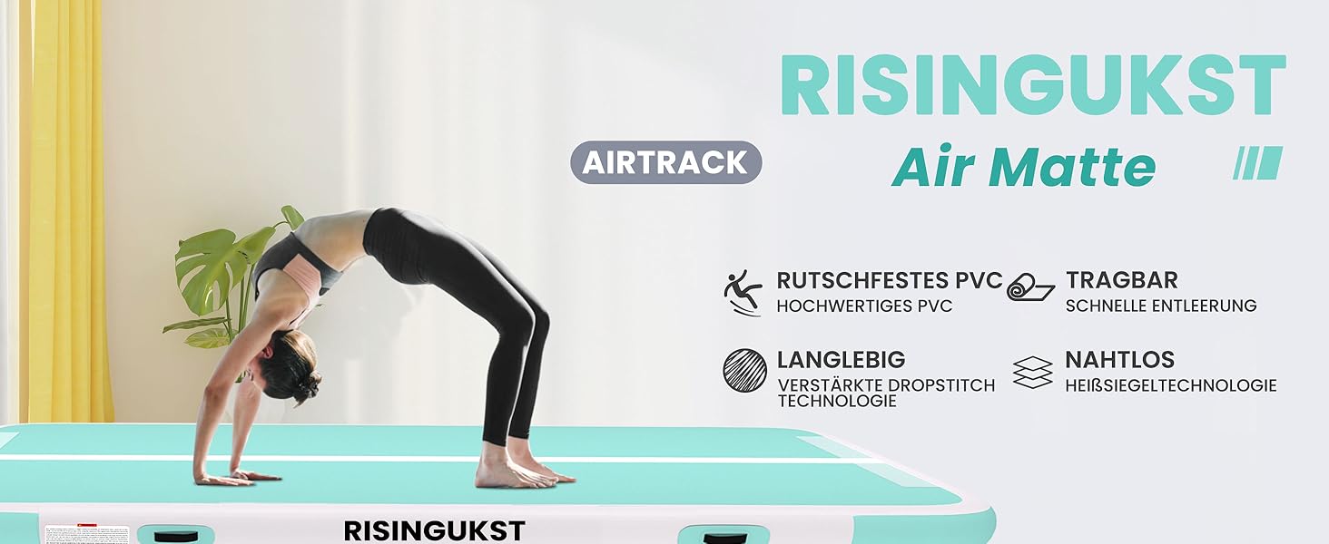 Надувна гімнастична матка RISINGUKST Air Matte Track 2/3/4/5/6м з повітряним роликом та бочкою, 10см, зелено-біла