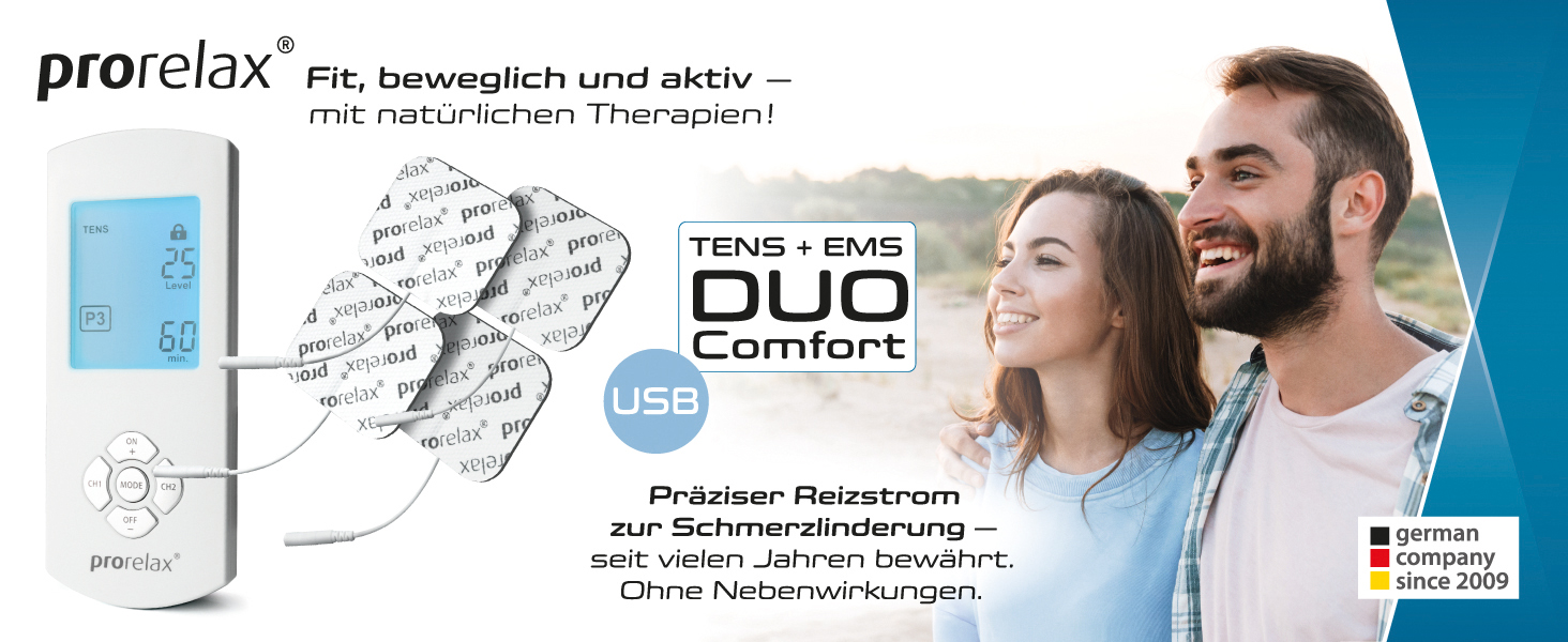 Prorelax TENS/EMS Duo Comfort: електростимулятор для зняття болю та м'язового масажу | 2 терапії в одному пристрої | Великий дисплей