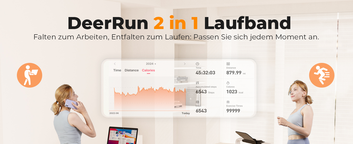 Біговий тренажер DeerRun для дому з робочим столом, підходить для високотехнічних пристроїв, MAX 136 кг, з керуванням через APP, складаний Walking Pad з навчальними курсами та мультиплеєрним режимом, білий