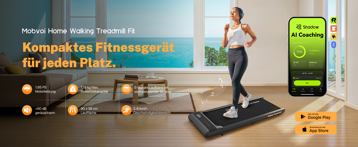 Walking Pad Smart KI: компактний біговий тренажер 2-в-1 для дому та офісу | LED-дисплей, пульт керування, 6 км/год, до 120 кг