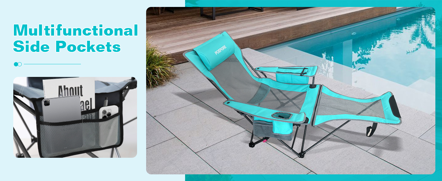 Крісло для кемпінгу Poeopore складне з підставкою для ніг, 4-х секційне, для відпочинку на пляжі та риболовлі, витримує до 120 кг, з кишенькою-холодильником, подушкою та тримачем для напоїв, блакитне