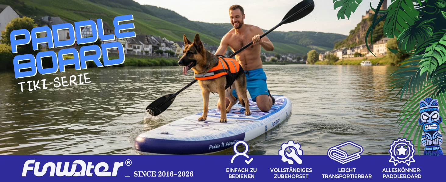 Надувний SUP Борд FunWater 10'6'–11'6' для всіх рівнів підготовки, з антиковзким EVA-деком, веслом, насосом та аксесуарами. Колір: блакитний/білий