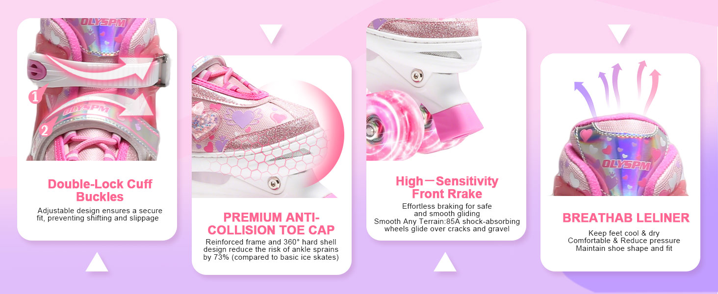 Ролики для дітей дівчаток з блискучими сердечками та світлодіодними колесами, 4-разово регульовані, ролики для початківців, ідеальний подарунок на день народження або Різдво, фіолетовий
