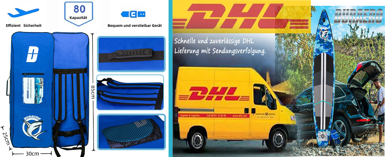 Надувний SUP-борд для веслування стоячи з каяковим сидінням, 330x76x15 см, вантажопідйомність до 150 кг, кріплення Cam, інтегрована підставка для ніг, 3 плавники, регульоване дволопатеве весло, повний комплект аксесуарів, блакитний камуфляж