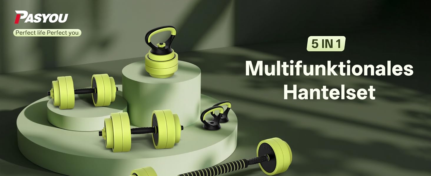 PASYOU Набір гантелей регульовані 20 кг 4 в 1: гантелі, гиря, гантелі з'єднувачем, штанга для домашніх тренувань (зелений)
