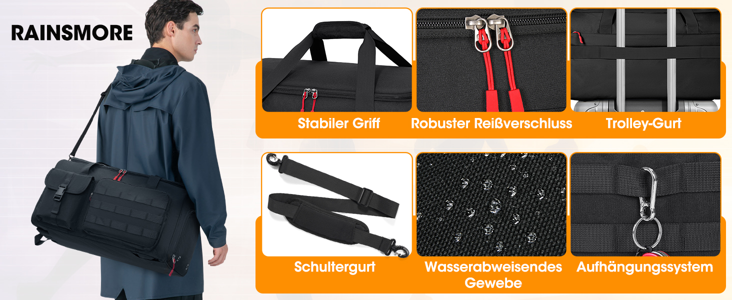Спортивна сумка RAINSMORE 3 в 1 для чоловіків, 45 л: рюкзак, сумка-переноска, з відділенням для взуття, ноутбука та мокрого одягу, чорна