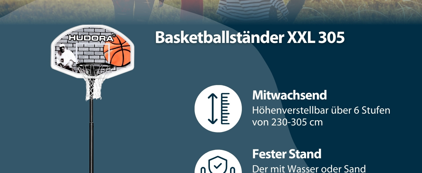 Баскетбольна стійка HUDORA XXL - Баскетбольна стійка від 260-305см з регулюванням висоти - Мобільне вуличне баскетбольне кільце для дітей/підлітків та дорослих - Баскетбольне кільце з підставкою та колесами