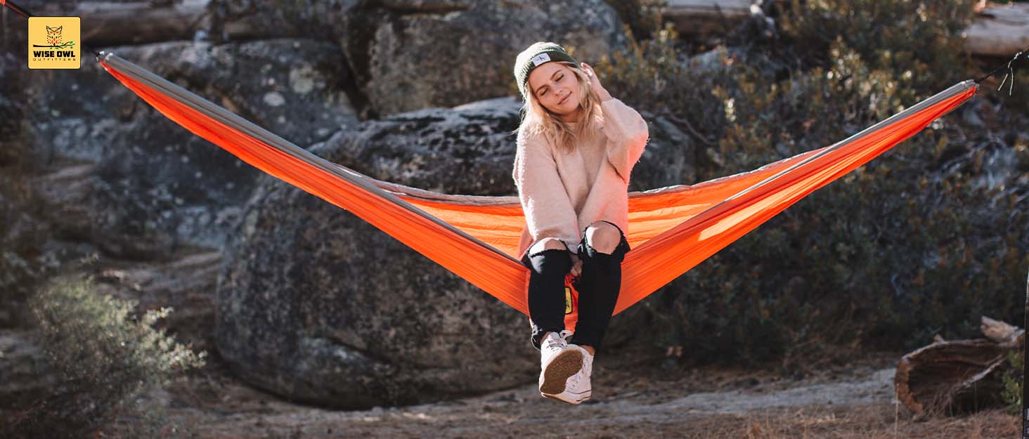 Гамак для кемпінгу Wise Owl Outfitters – односпальний або двоспальний, для дому та вулиці, з сумкою для зберігання, аксесуарами для рюкзака та подорожей, оранжевий / сірий