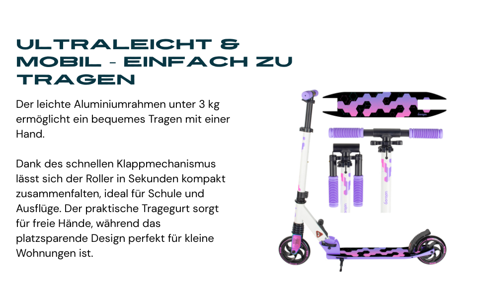 Самокат міський Bergen City Scooter Sonic - алюмінієвий, колеса PU 145мм, амортизатор, гальмо заднє, регульована висота (5+ років), легкий, білий/чорний/рожевий/фіолетовий