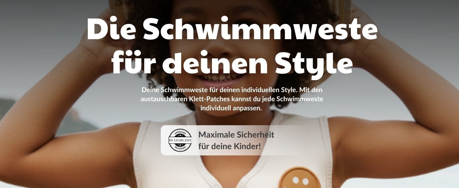 Дитячий жилет для плавання NOARD | Schwimmhilfe з 40+ нашивками для персоналізації | Різні дизайни та розміри | 15–30 кг | 2–6 років | Сертифікований EN 13138-1:2021 для безпечного навчання плаванню | Просто бежевий