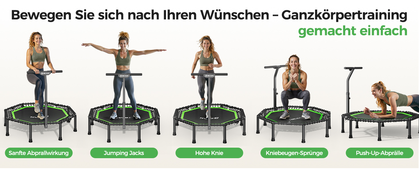 Трамплін для фітнесу BCAN, діаметр 102/122/130 см, з пружинами/ bungee-шнурами, для дорослих до 250 кг, з регульованими ручками, тихий та з низькою вібрацією, зелений/чорний