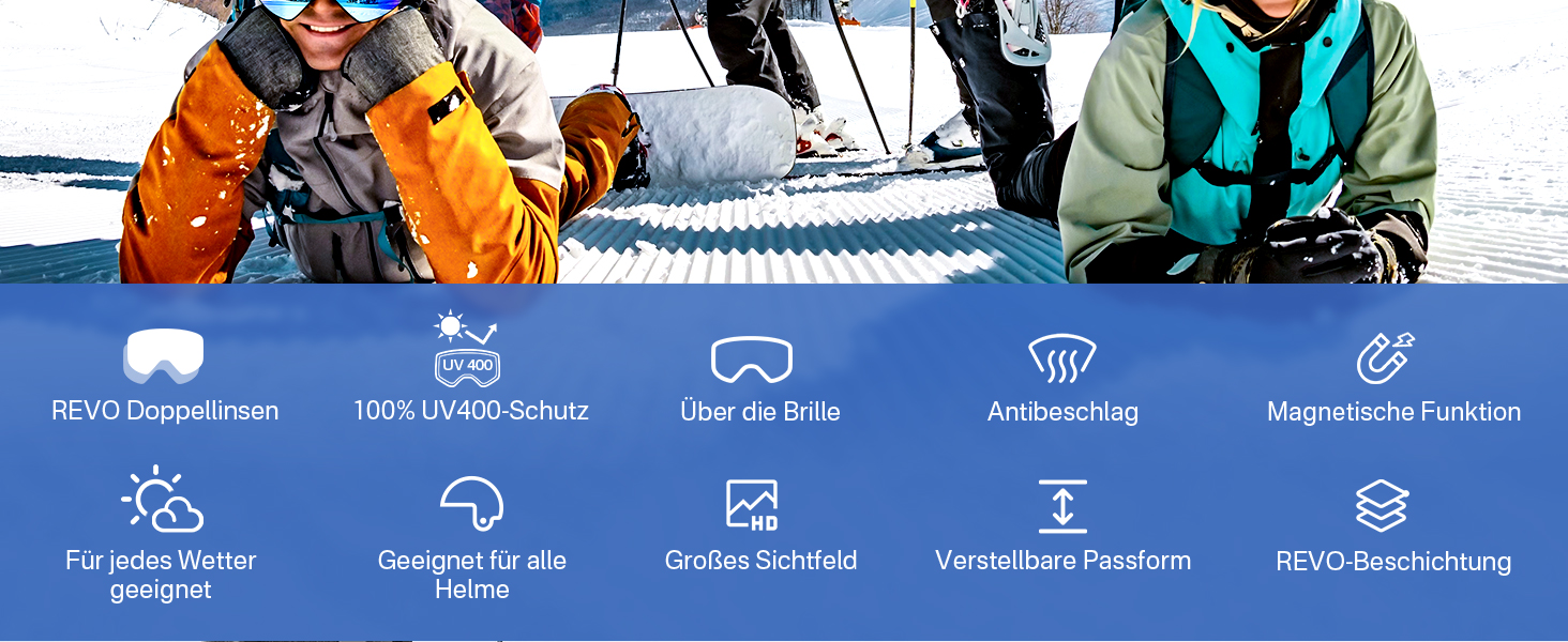 Скі-маска OTG для носіння з окулярами, Магнітна скі-маска для сноуборду з антизапітніюючим покриттям та 100% захистом від УФ-променів, скі-маска для чоловіків та жінок для катання на лижах та зимових видів спорту, блакитне скло