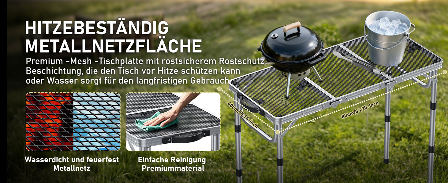 Стіл для кемпінгу Anbte Grilltisch 58x40 см, алюмінієвий каркас, регульована висота (26/48/70 см), складаний, для пікніка, BBQ, саду, балкону (срібний)