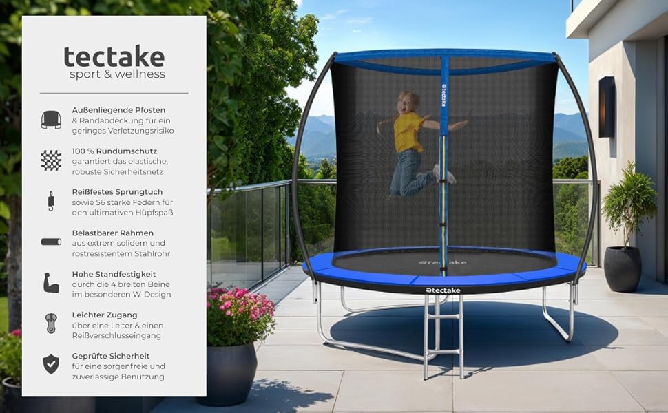 Трамплін Tectake® для саду, Ø 305 см, з захисним сіткою, блакитний – ідеальний для занять спортом та балансування