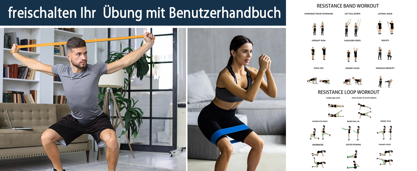 Набір еластичних стрічок для фітнесу: 9 шт. для силових тренувань, йоги та розтяжки вдома – включає тренувальний банд, турнік-стрічку, постер та сумку