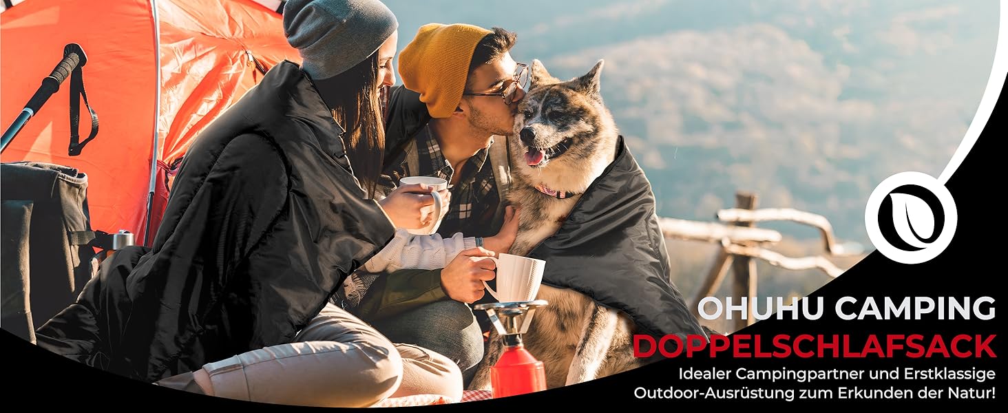 Спальний мішок Ohuhu на 2 особи, 220x150 см, чорний. Для кемпінгу, подорожей, сімейного відпочинку та фестивалів.