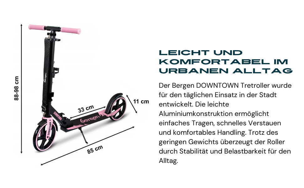 Самокат міський Bergen City Scooter Downtown, алюмінієвий, складаний, 3.3 кг, колеса 200 мм, регульована висота, для дітей від 6 років, підлітків та дорослих до 100 кг, чорний/рожевий