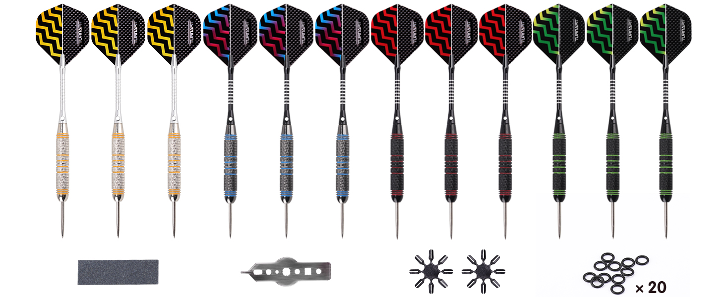 Дарти сталеві Turnart Dartpfeile, 12 шт, 24 г, професійні, з алюмінієвими дротиками та 24 пір'ями, кільця проти втрати