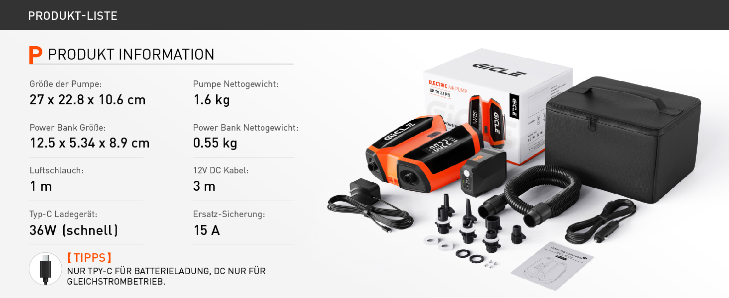 GICLE Електрична SUP-насос з акумулятором та портативним павербанком, 22 PSI, для SUP, човнів, наметів, каяків, перезаряджається (EU стандарт)