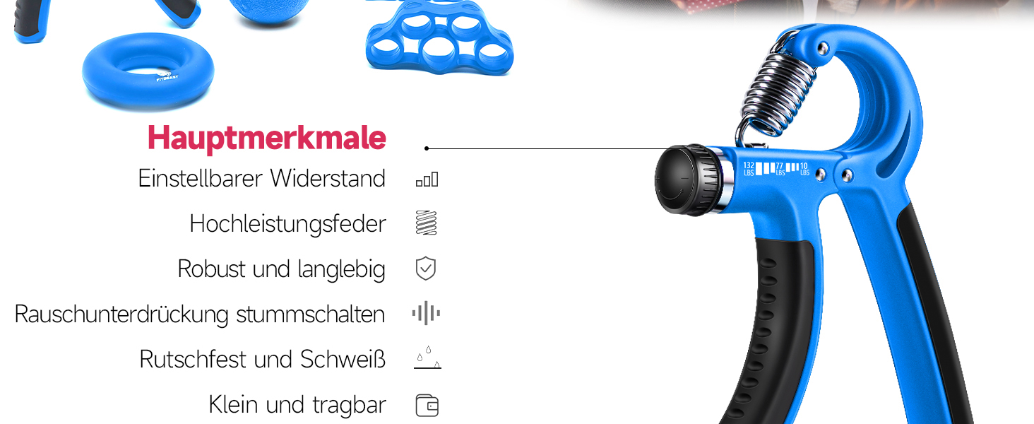 Тренажер для рук FitBeast Тренажер для пальців, тренувальний набір для силового тренажера хвата - 5 упаковок, тренажер з регульованим хватом, пристрій для тренування пальців, тренажер для зап'ястя, тренувальне кільце та м'яч для зняття стресу (світло-блакитний)