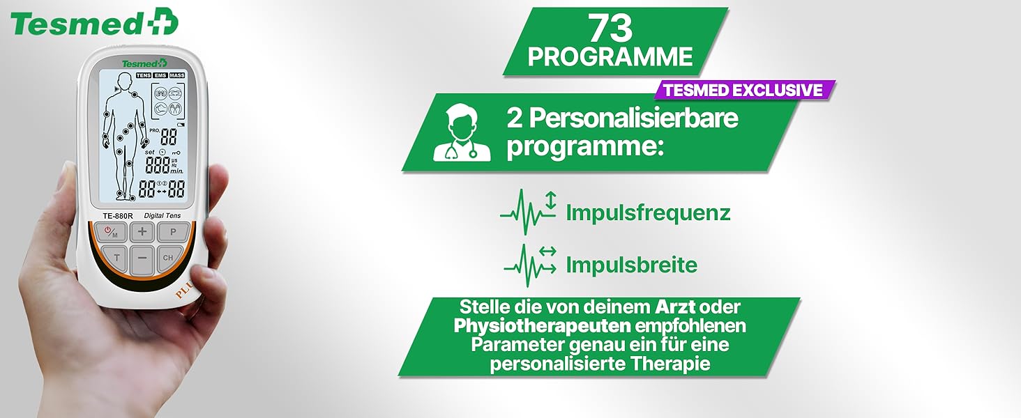TESMED TE-880R Plus: Музелелектричний стимулятор TENS EMS, пристрій для зняття болю та масажу, 73 програми (2 налаштовуються), 8 електродів