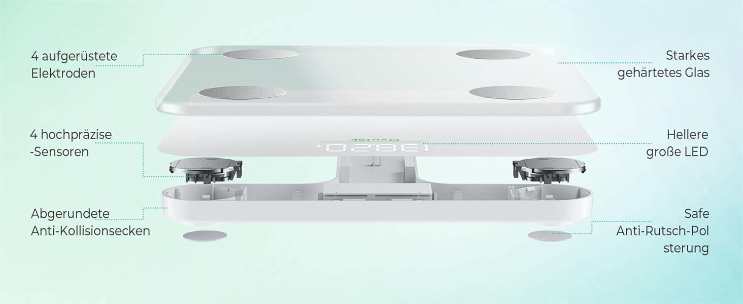 Ваги Ovutek для тіла з аналізом складу: жир, м'язи, вода, BMI. Максимальне навантаження 180 кг, великий дисплей, фітнес-додаток. Білий колір