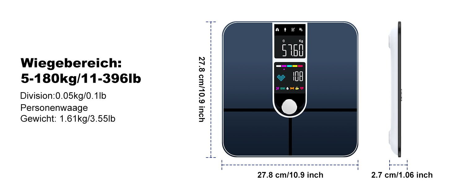 Шкала жиру в організмі з великим дисплеєм, надточна шкала з жировими відкладеннями та м'язовою масою, вага для ванної кімнати з аналізом жиру в організмі, шкала для людей з 22 показаннями, частота серцевих скорочень, ІМТ, шкала складу тіла синій