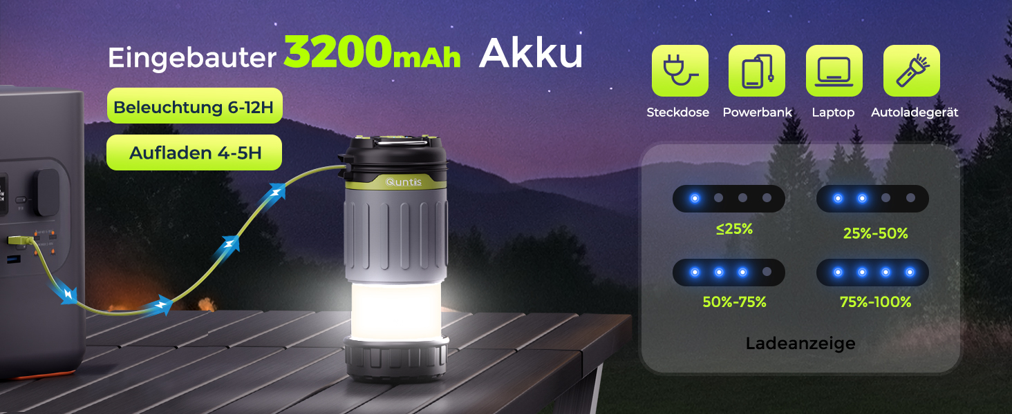 LED кемпінговий ліхтар Quntis, складаний, перезаряджуваний, 4 режими яскравості, аварійне освітлення для кемпінгу, подорожей та надзвичайних ситуацій