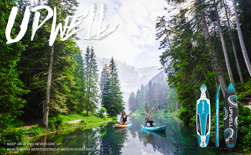 UPWELL Надувна SUP-дошка 320/335 см для дорослих і підлітків з преміум аксесуарами: рюкзак, гермомішок 10 л, 2-в-1 весло, страхувальний лиш, ручний насос, плавці