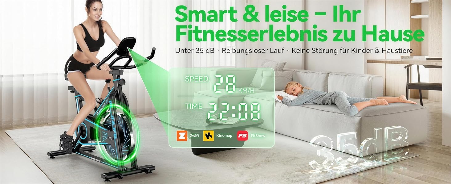 Велотренажер FunLife C1 з Bluetooth та App (FitShow, Kinomap), ремінний привід, плавний регулятор навантаження, регульоване сідло та кермо, до 120 кг, блакитний