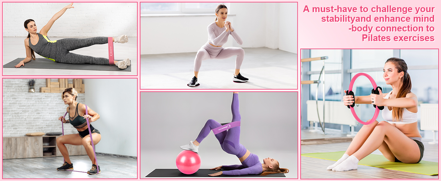 Pilates-кільце Goocrun з еспандером, м'ячем та слайдерами для фітнесу вдома – постер в комплекті (Рожевий, середній рівень)