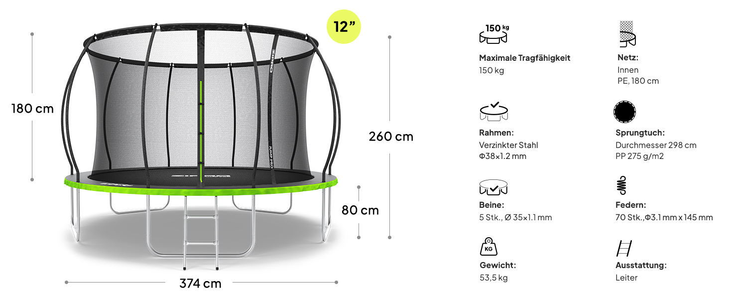 ZIPRO JumpPro Premium Трамплін для дітей Outdoor, садова модель з сіткою, стійкий до погодних умов, захист від УФ-випромінювання, легка збірка, вантажопідйомність до 150 кг, діаметр 252/312/374/435/496 см (10'/12'/15'/17'/20')