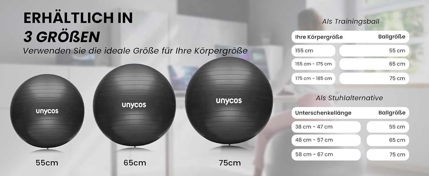 Фітбол Unycos 55/65/75 см: фітнес, йога, баланс, пілатес | з насосом, анти-burst, BPA-Free