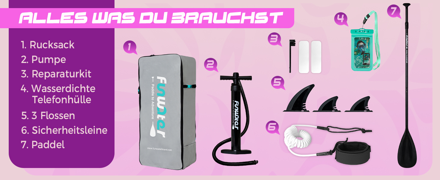 Надувний SUP-борд FunWater 10'6'-11'6' – ідеальний для початківців та сімей, з антиковзким EVA-деком, веслом, насосом та аксесуарами (10'6-TIKI LILA)