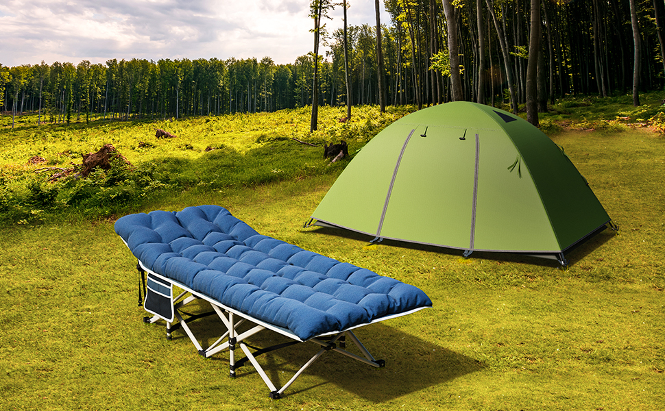 Розкладне ліжко для кемпінгу YITAHOME для дорослих з матрацом, міцне, надійне, для відпочинку на природі, блакитне