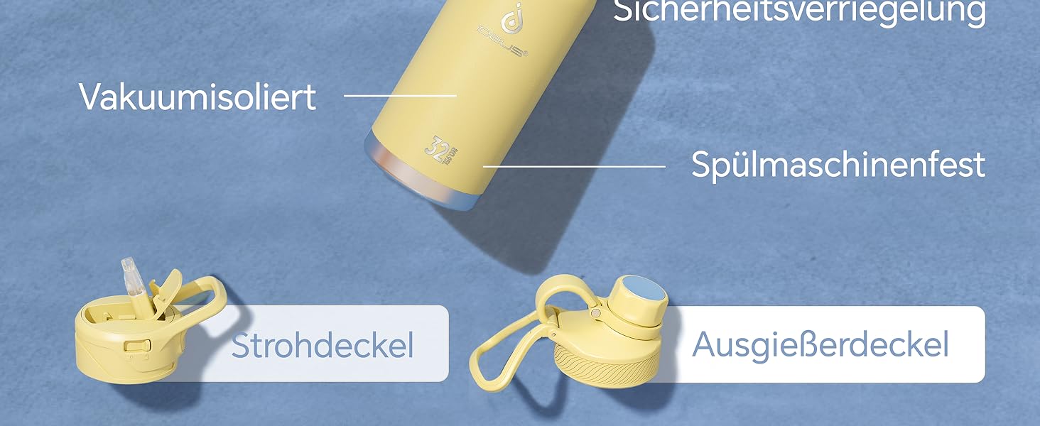 Термос IDEUS з нержавіючої сталі, 950 мл, жовтий. Спортивна пляшка-термос з подвійними стінками та надійним кришкою.