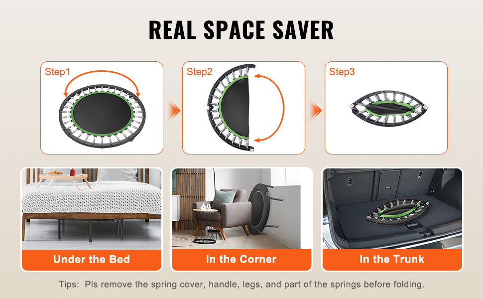 Міні-батут VEVOR для фітнесу та рекреації, діаметр 1027 мм, вантажопідйомність 150 кг, з регульованою ручкою та 32 пружинами