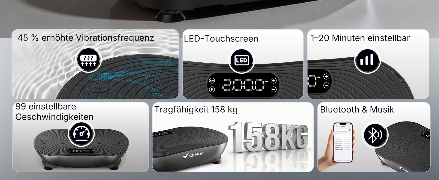 Вібраційна платформа MERACH для тренувань та формування тіла, 99 рівнів швидкості, Bluetooth, LED-дисплей, еластичні ремені, чорний