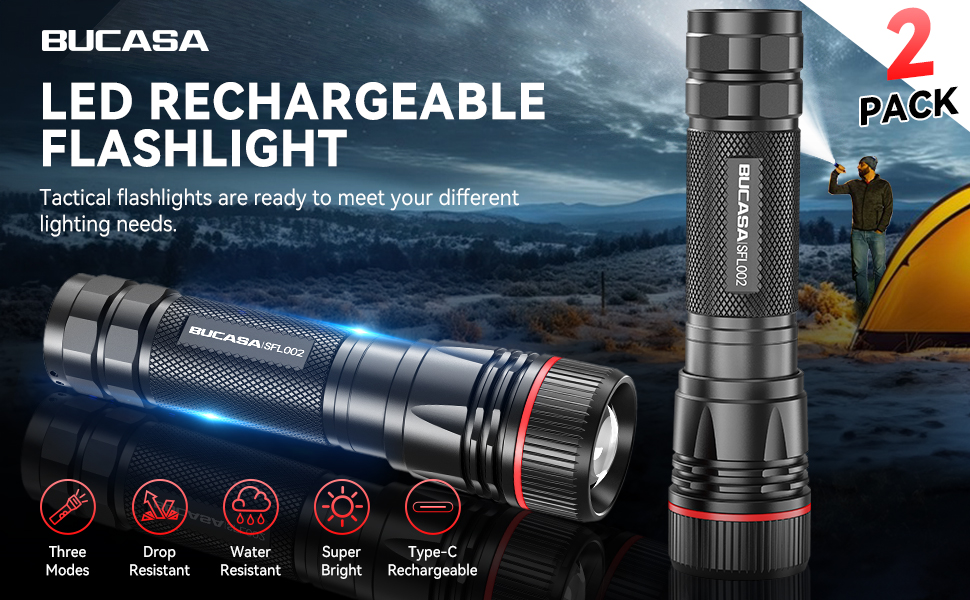 Ліхтарик LED BUCASA, 2000 люмен, 3 режими, збільшення, водонепроникний, для кемпінгу та активного відпочинку (2 шт.)