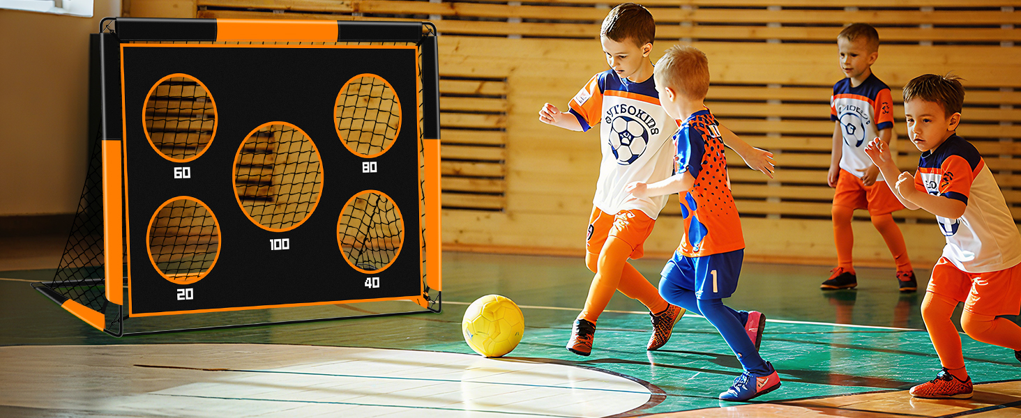 Дитячі воріта для футболу 2-в-1, 150х120 см, портативні та стабільні, з 5 зонами для забивання, 4 кілочки для кріплення та сумка для перенесення, для саду, парку, пляжу, оранжеві