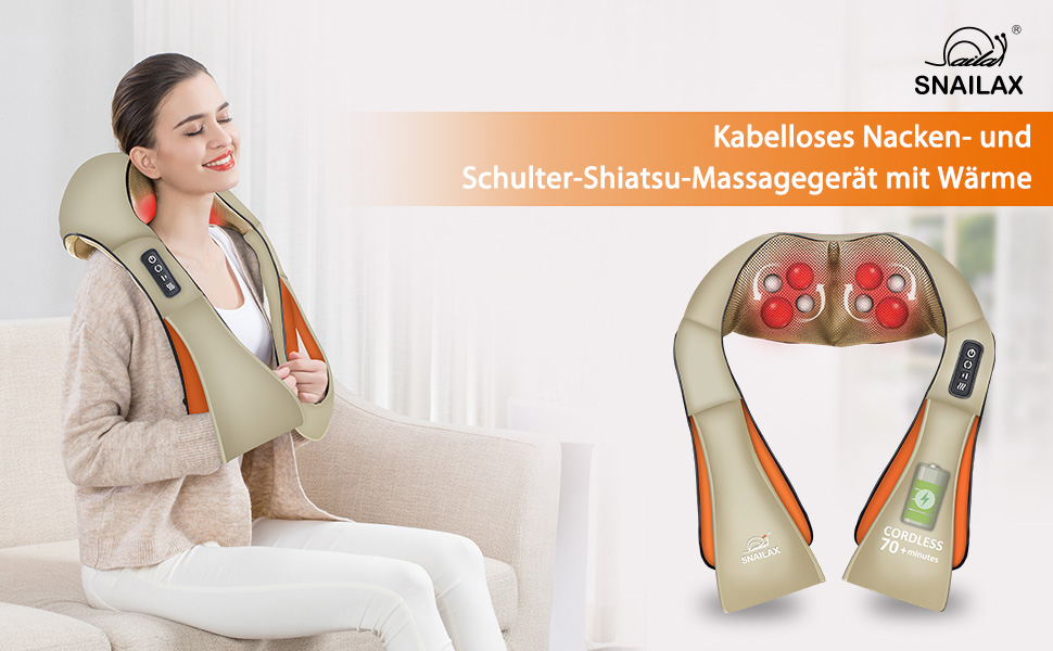 Бездротовий масажер Shiatsu Snailax з функцією підігріву, 4D-роликами для шиї, плечей і спини, м'язова релаксація, подарунок для чоловіків та жінок (хаки)