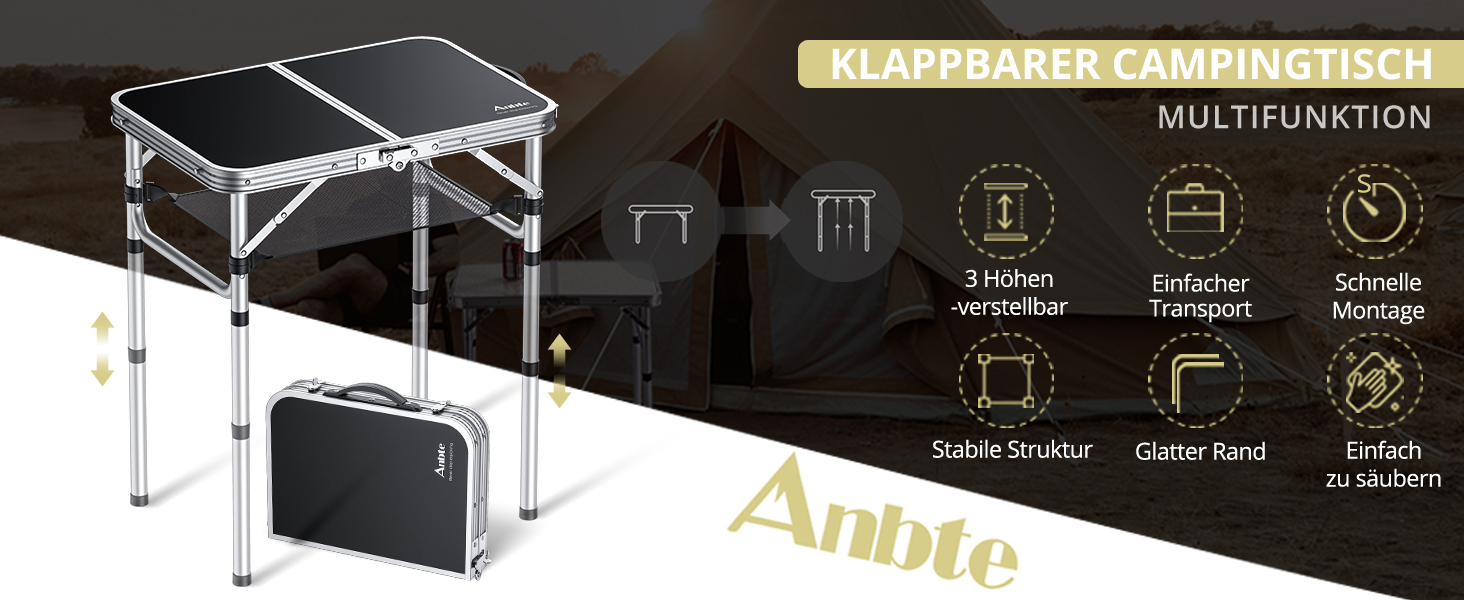 Складний стіл для пікніка Anbte 58x40 см, алюмінієвий каркас, 3 висоти (26/48/70 см), чорний. Столик для кемпінгу, пляжу, балкону з сіткою для зберігання