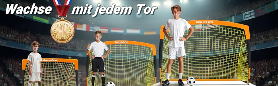 Ворота для футболу Dimples Excel Pop-Up – розкладні для дітей | 1 або 2 шт. в розмірах 120x90 / 152x110 / 213x152 см | 3 кольори на вибір | Опційно з м'ячем, насосом, конусами та мішенню | Для саду та подарунка (2-213x152 помаранчевий+аксесуари)